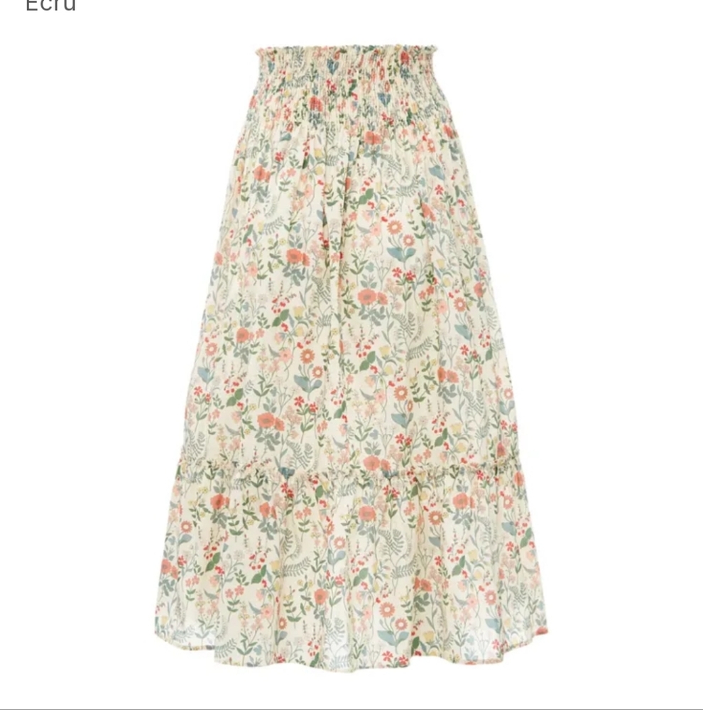 Bonton Floral Liberty Print Midi Skirt - Ecru, XXS, Smocked Waist